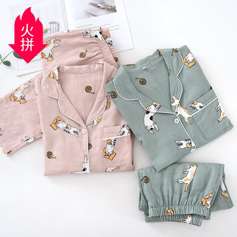 Homens mulheres pijamas de algodão primavera verão outono calças de manga comprida dupla camada gaze Loungewear estilo c