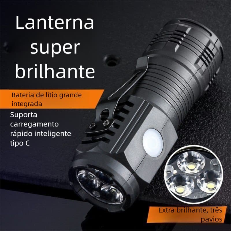 Mini lanterna com longo alcance, feixe de luz potente, portátil, bateria de longa duração e três luzes frontais