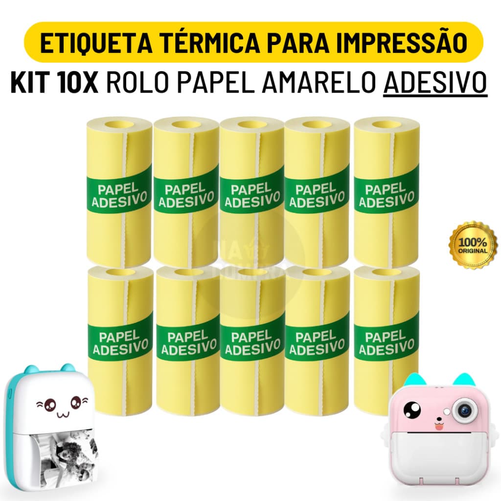 Kit 10 Bobina Etiqueta Térmica Adesiva 57mm Rolo Amarelo Para Mini Impressora Portátil | Envio Imediato
