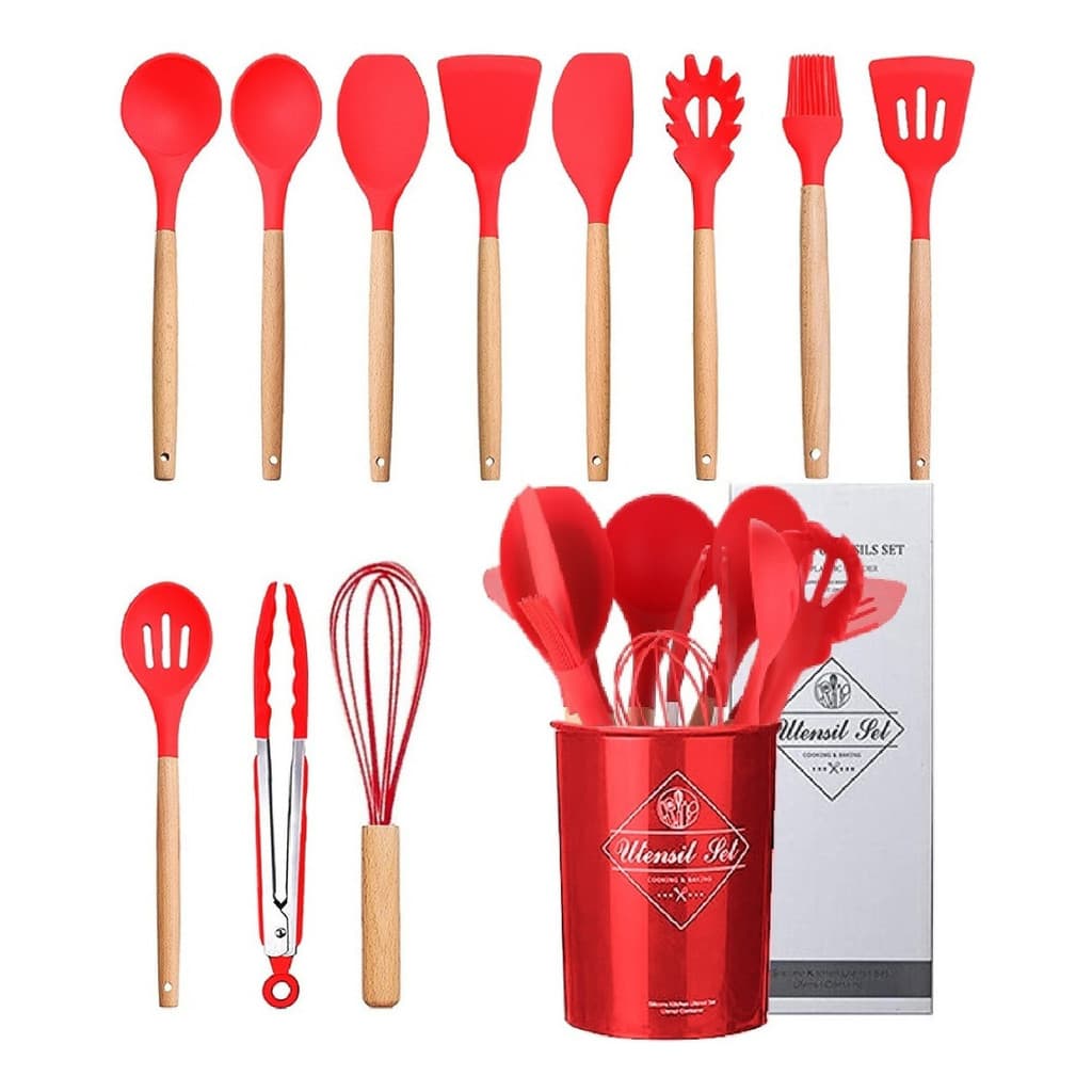 Kit C/12 Utensílios De Cozinha Silicone Cabo Madeira