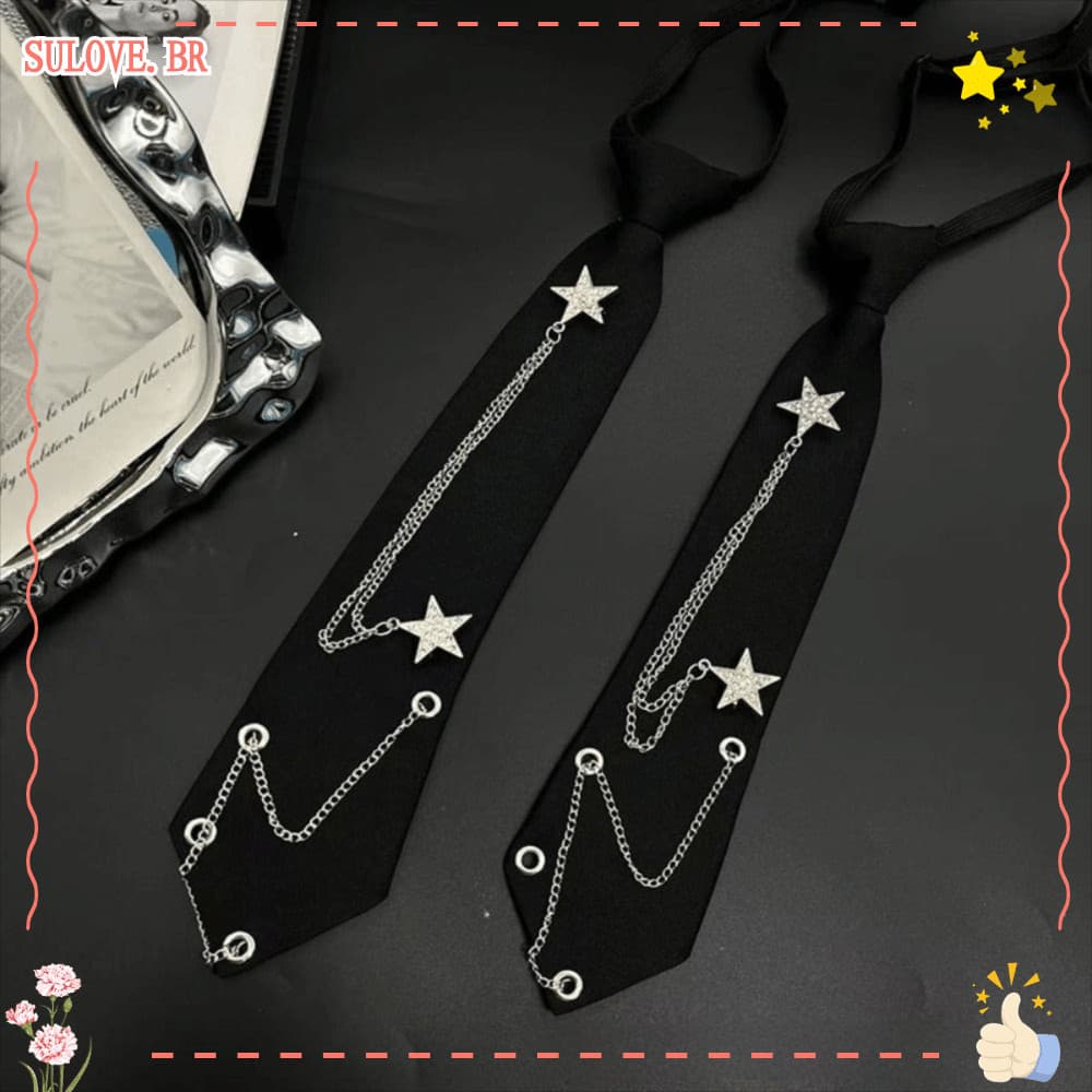 SULOVEDU Gravata Punk , Ajustável Vintage JK Pré-Amarrada Com Corrente Estrela Streetwear
