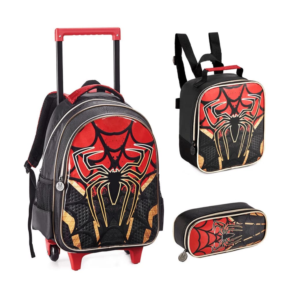 Kit Mochila de Rodinhas + Lancheira Térmica + Estojo Menino Dark Spider DENLEX