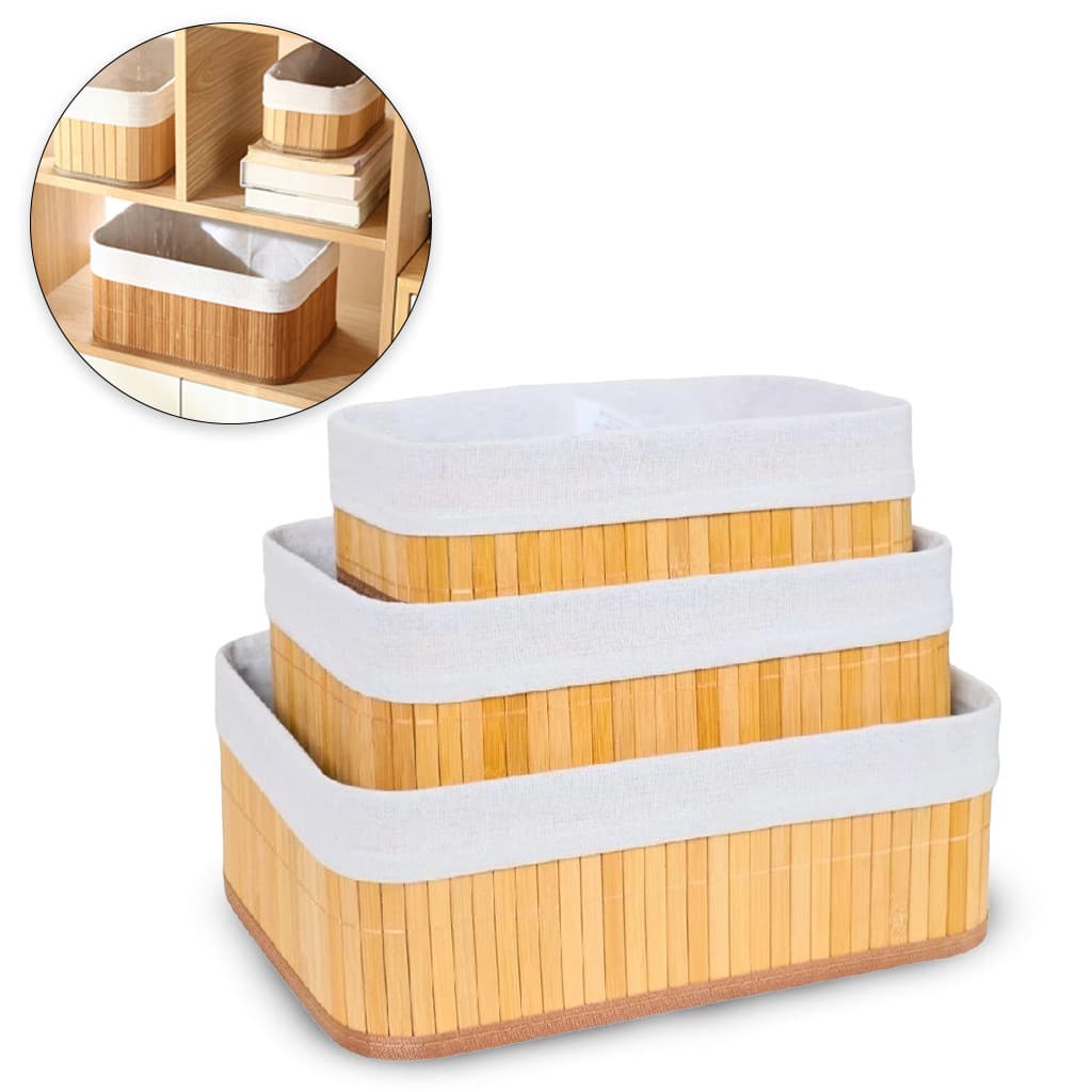 Kit 3 Cestos Organizadores de Bambu Multiuso com Forro