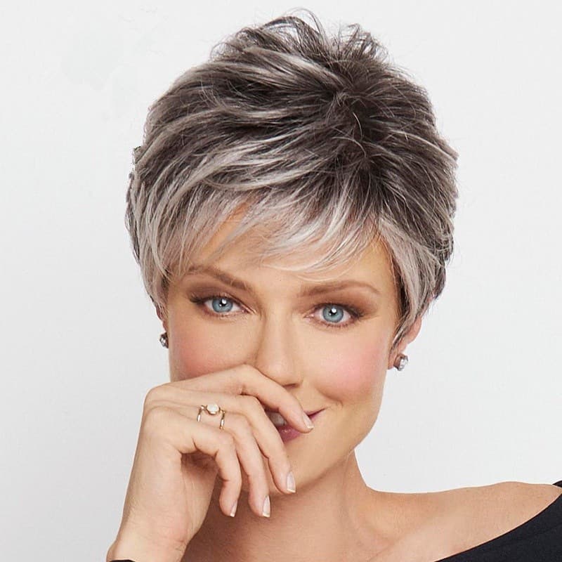 Nova Peruca Feminina Moda Europeia E Americana Cabelo Curto Liso Preto Branco Tingido Cor Misturada Fibra Química Chapel