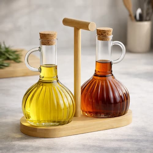 Kit Galheteiro Suporte Bambu Vidro Dispenser 300 Ml Vinagre Azeite