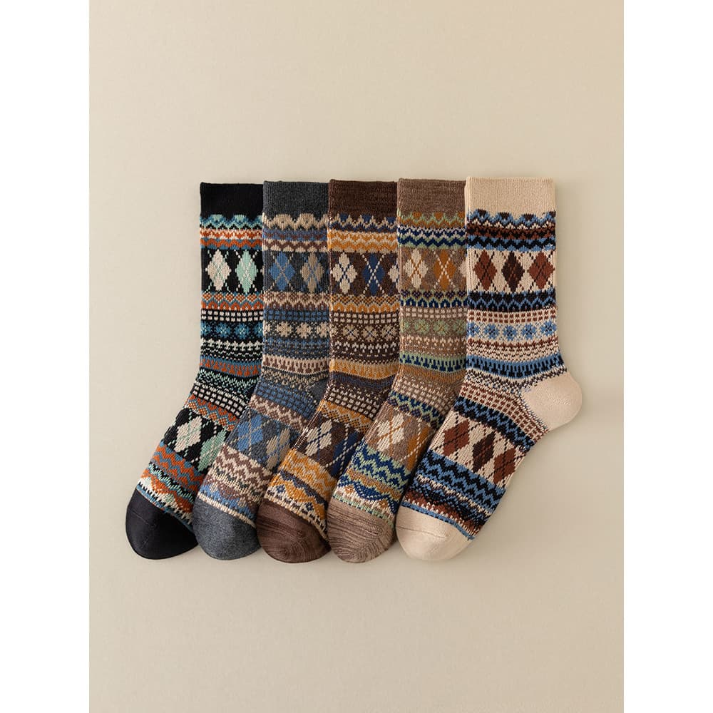 Retro ferramentas diamante verificação meias masculinas de tubo médio outono inverno puro algodão estilo étnico absorven