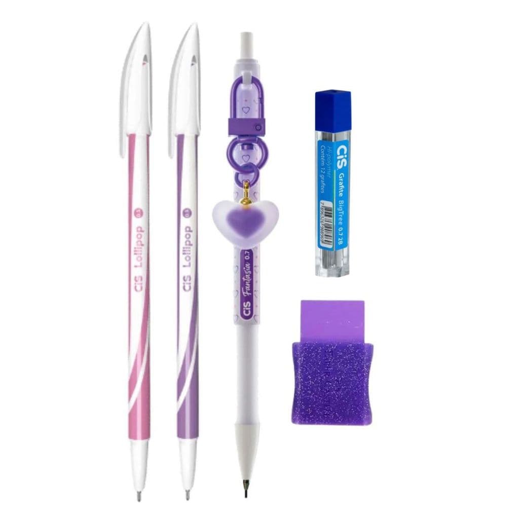 Kit 2Caneta Lollipop+1Lapiseira Fantasia+1Borracha+1Grafite