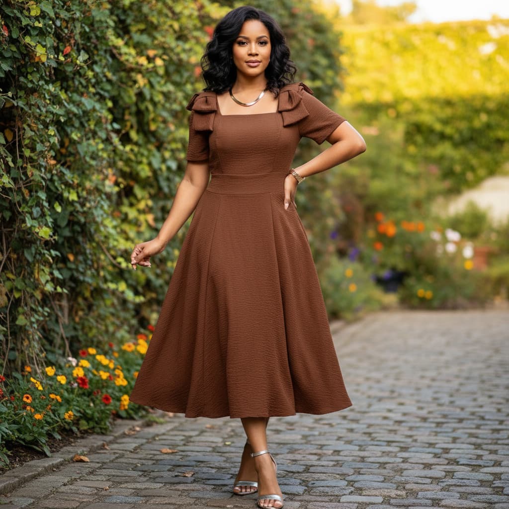 Vestido Longo Manga Curta Marrom Caramelo Com Laço No Ombro DO  P ATE G2  MODA INVERNO