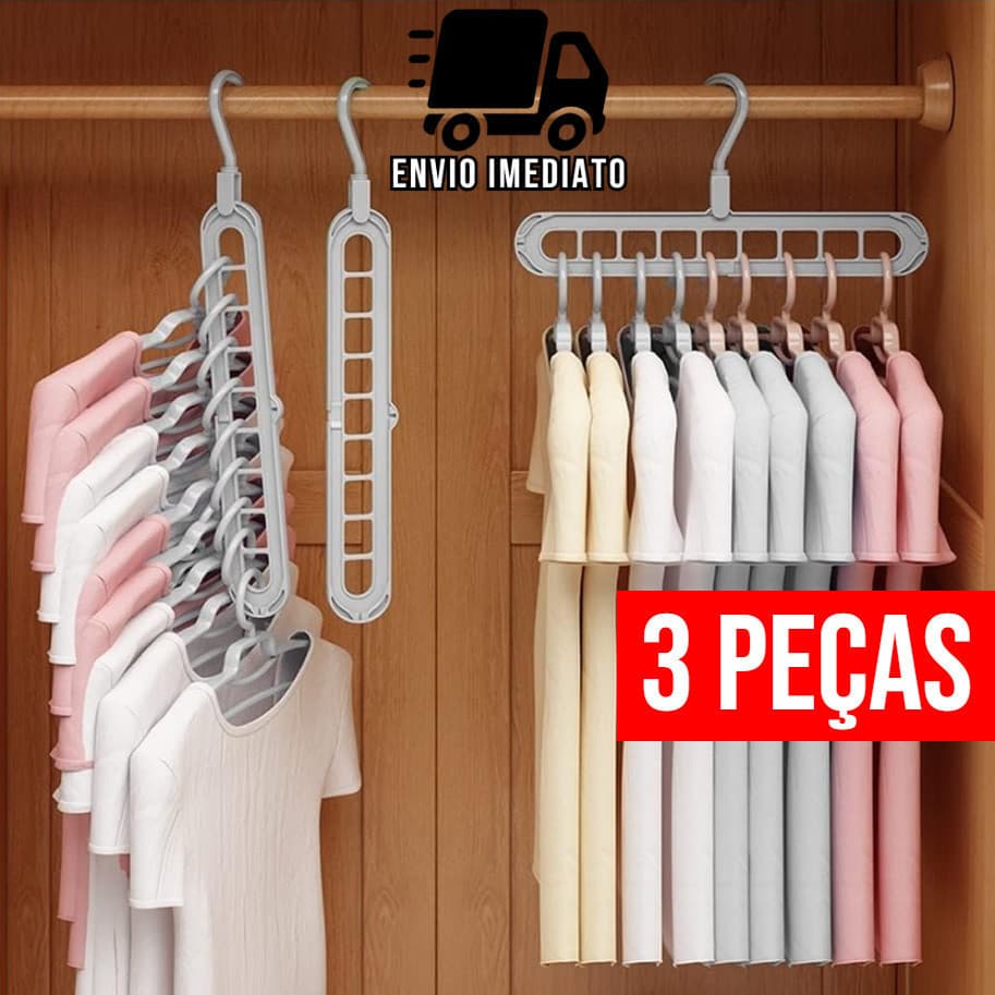 Kit 3 Cabide Magico Organizador de Cabide Dobrável 9 Divisórias Multiuso 360º
