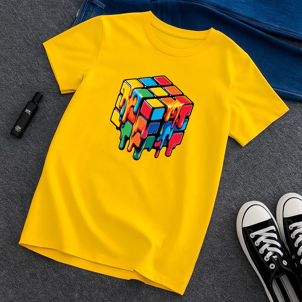 Camiseta Gamer Cubo Mágico Infantil Juvenil 100% Algodão Amarela Geek, Criativa e Confortável Jogos Games Estilosa