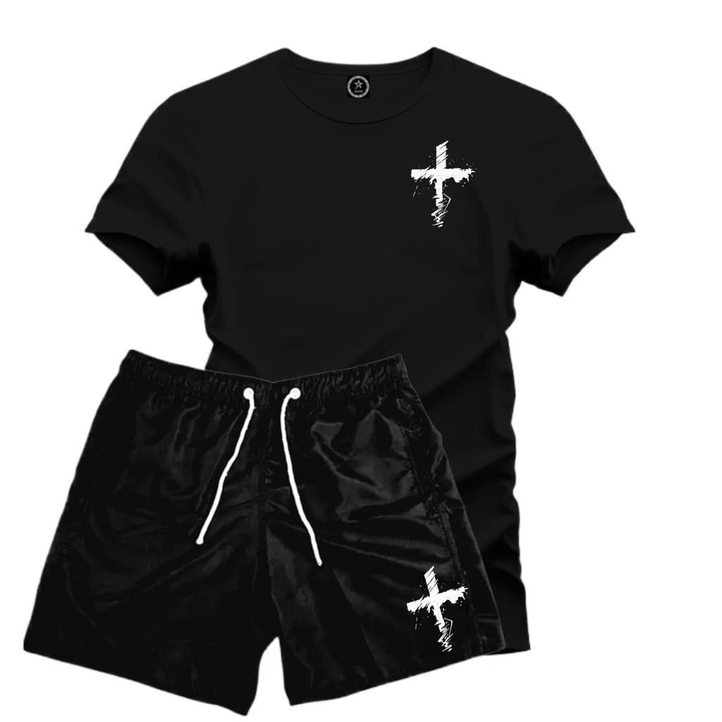 Kit Conjunto Cruz Riscada Camiseta Algodão + Bermuda Tactel Masculina Premium Varias Cores