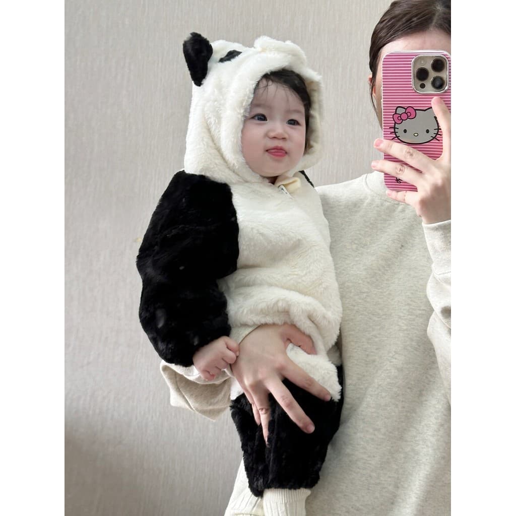 Bebê Panda macacão de pele de coelho dupla camada de pelúcia inverno macacão bebê outono inverno roupas bonitos inverno