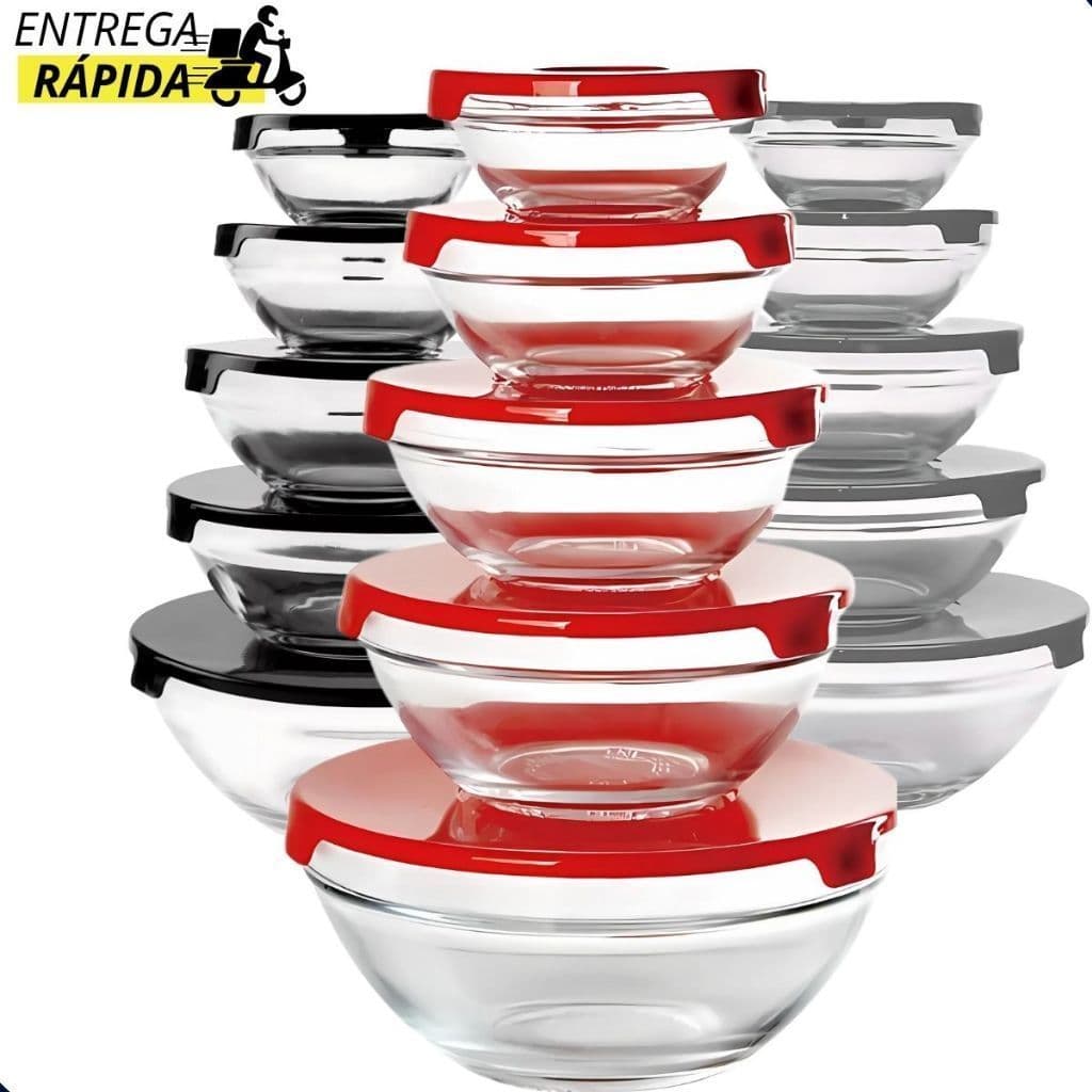 Conjunto 5 Potes Em Vidro Com Tampa Vasilhas Tigelas Bowls Marmita Para Armazenamento De Alimentoss