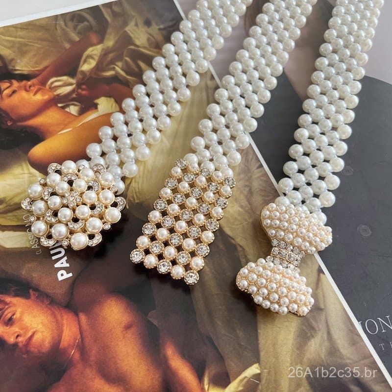 Cinto de Pérolas Elegante para Mulheres, Cadeia Decorativa para Vestido, Cintura Elástica Simples com Strass e Pérolas I