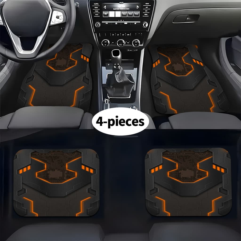 Pacote de 4 unidades de tapetes para pés de carro, padrões de tecnologia laranja preta, adequados para todos os modelos