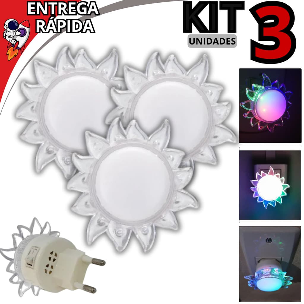 Kit 3 Abajur Infantil de Tomada Tema Sol LED