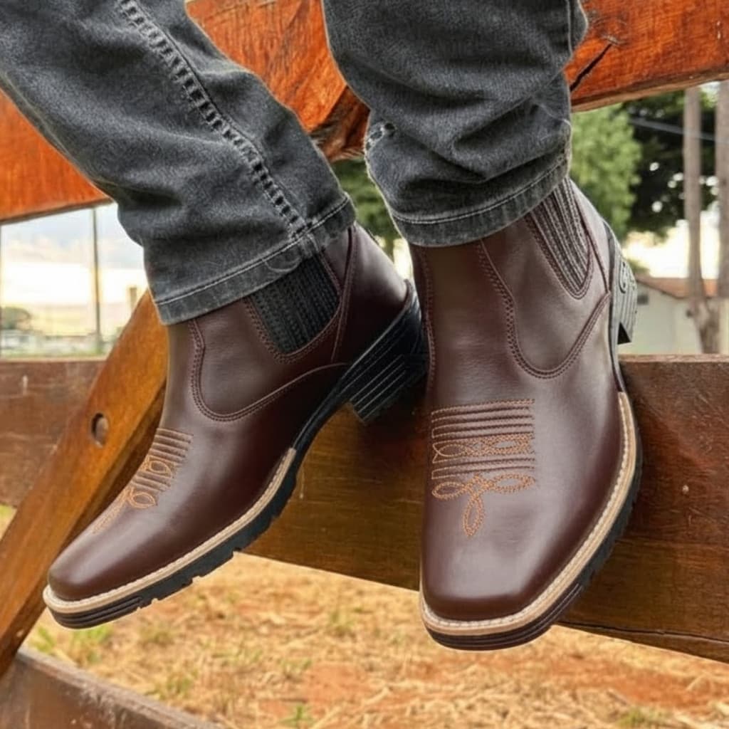 Bota Texana Masculina Botina Country Couro Sintético Elástico Lateral Rodeio Cavalgada