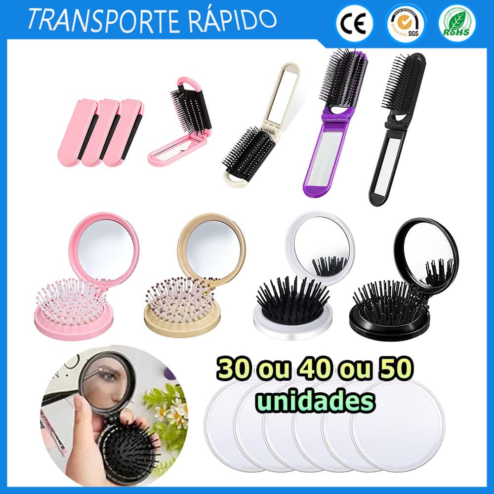 30/40/50 Pente de bolso redondo/quadrado com espelho pente com espelho dobrável para viagem pente com espelho maquiagem