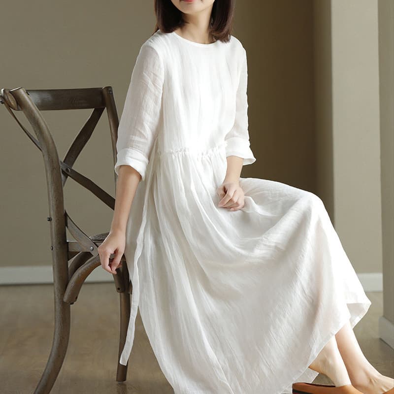 Não-Real tiro novo estilo verão Ramie vestido feminino algodão branco linho cintura alta mais magro olhar literário solt