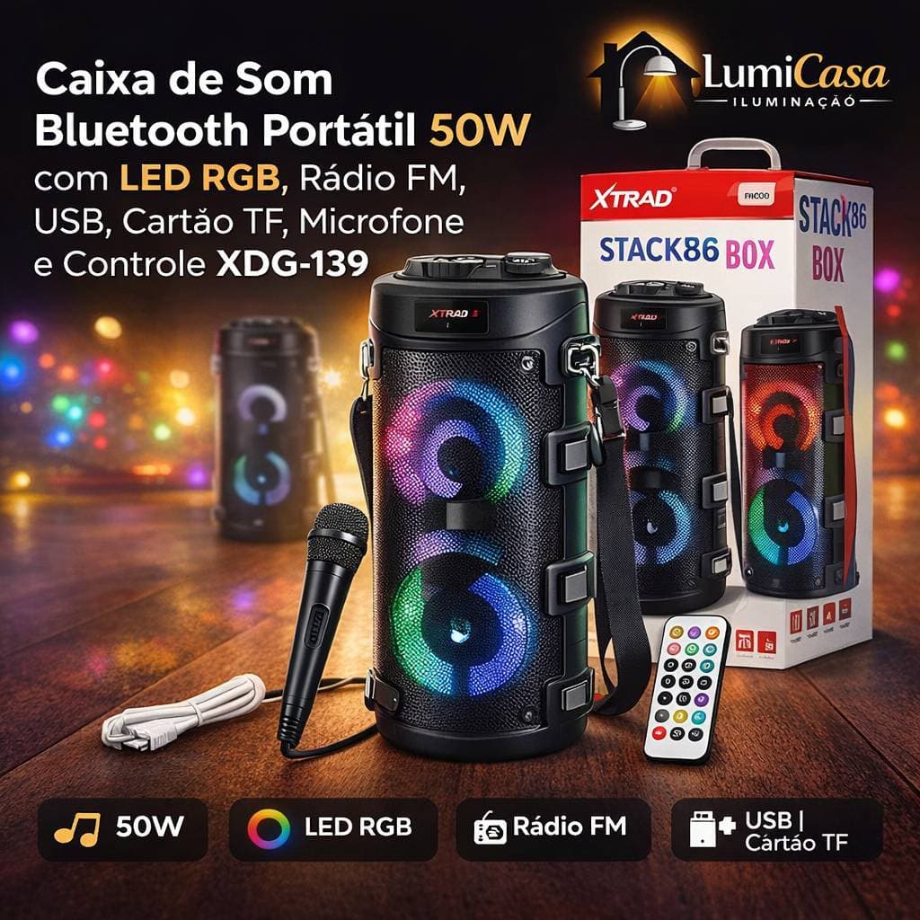 Caixa de Som Bluetooth Portátil 50W com LED RGB, Rádio FM, USB, Cartão TF, Microfone e Controle XDG-139