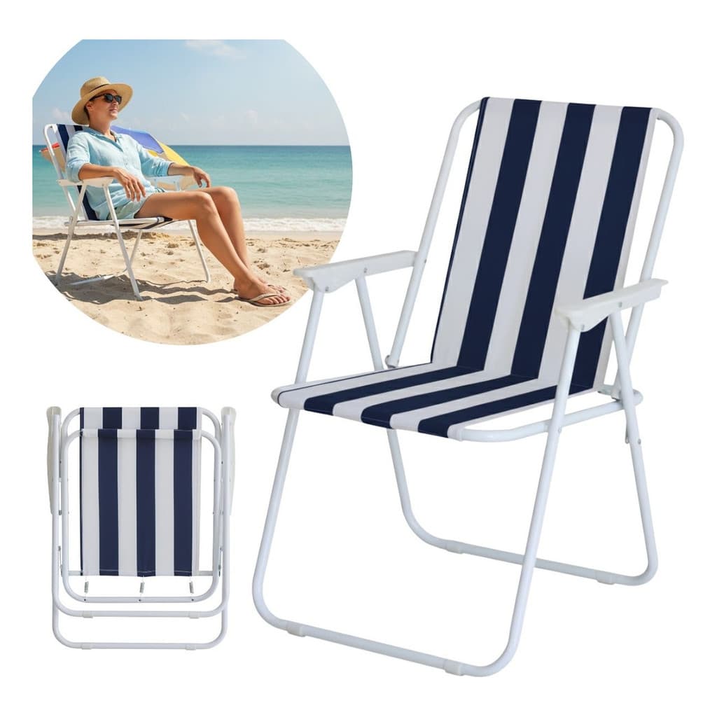 Cadeira de Praia Dobrável Ferro Branco e Azul Com Apoio de Braço Ideal Para Praia Piscina Camping e Lazer
