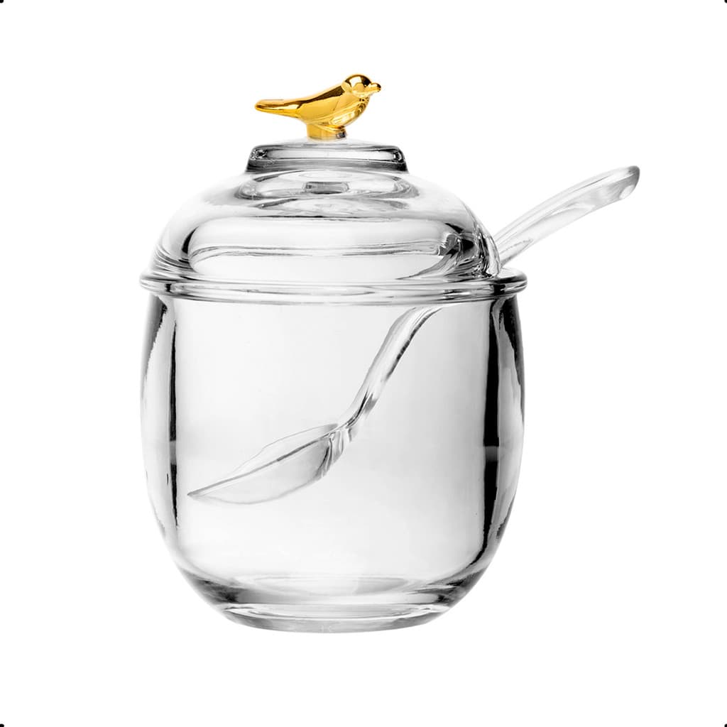 Açucareiro de vidro com Tampa e Colher Golden Bird Wolff Vidro Cristal 150ml Sofisticado e Elegante