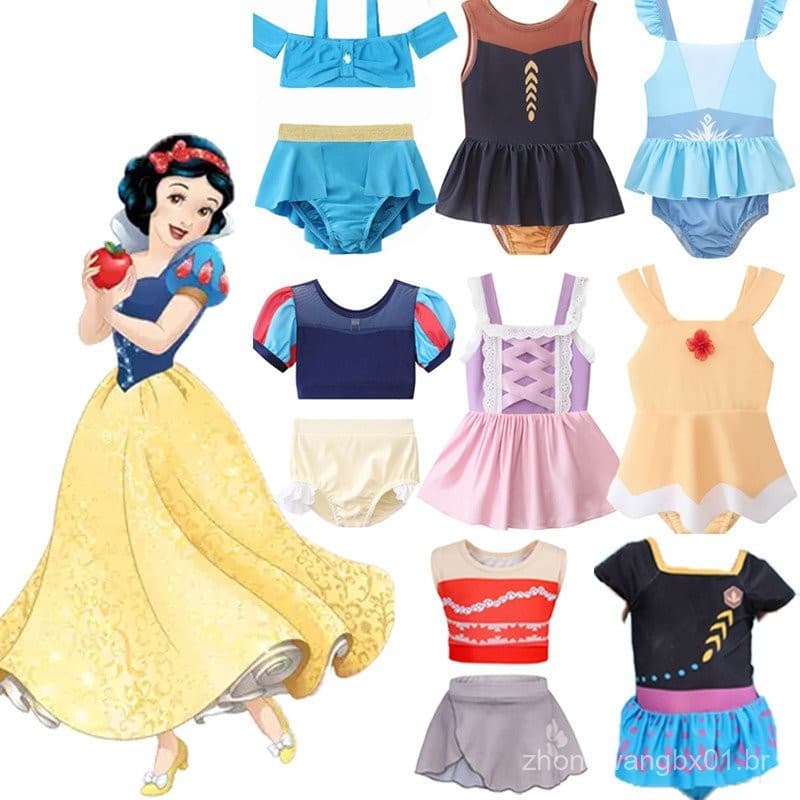 Maiô das Princesas da Disney Anna Elsa Rapunzel Branca de Neve Belle Jasmine Moana para Meninas Crianças Verão Super JRJ