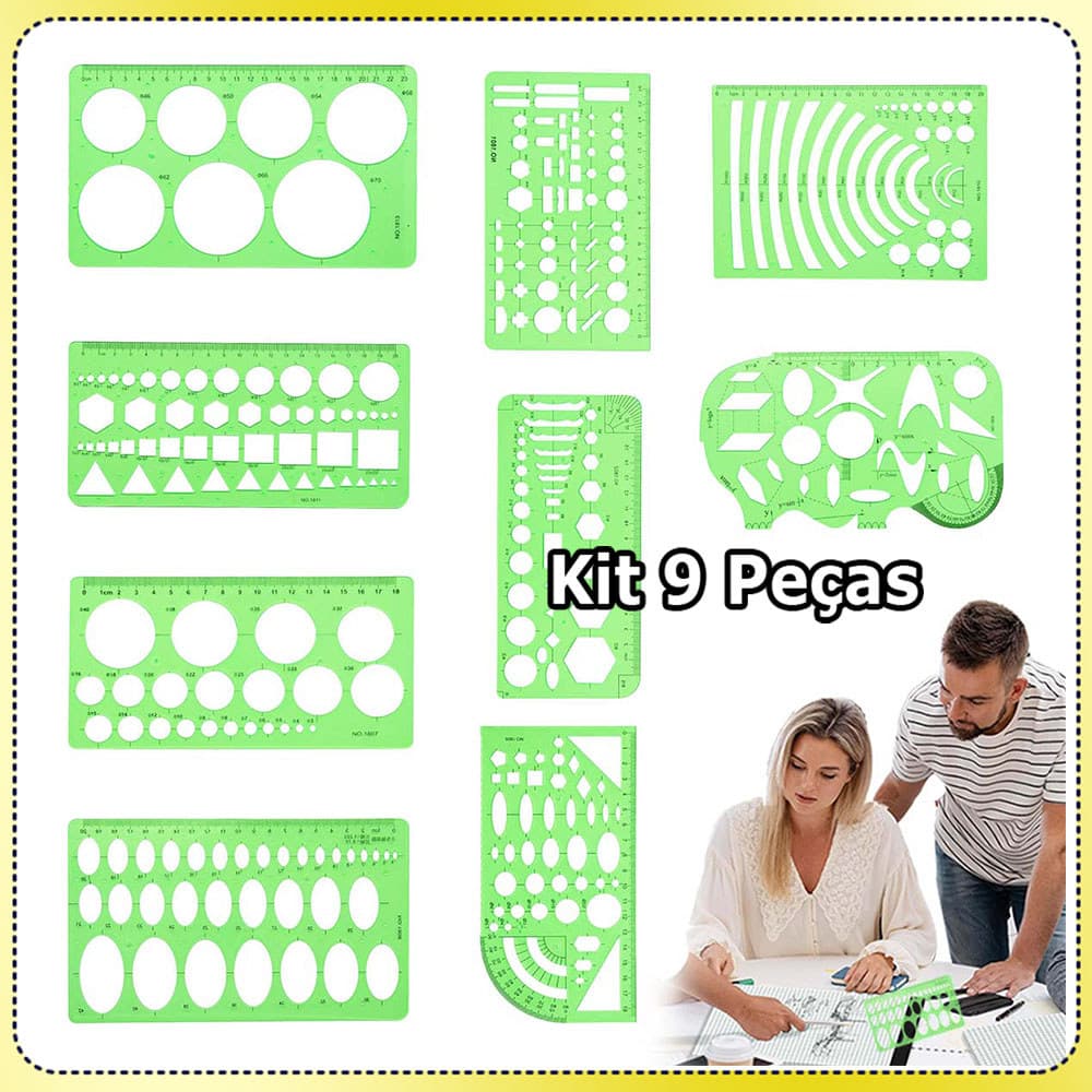 Kit 9 Moldes para desenho geométrico Réguas de medição geométricas Régua plástica transparente Molde para desenho