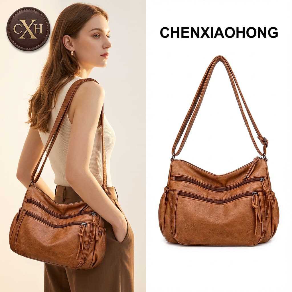 Bolsa Transversal Feminina Couro PU Macio Multi Compartimentos Bolsa de Ombro Vintage para Uso Diário