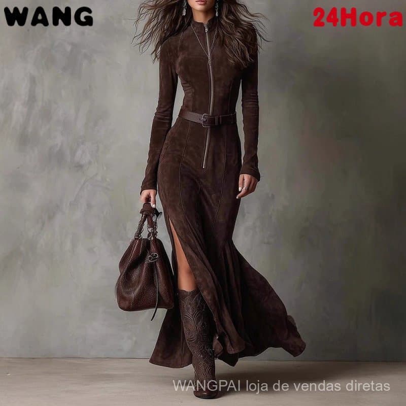 Vestido Longo Elegante de Cor Sólida com Zíper e Gola Alta para Mulheres
