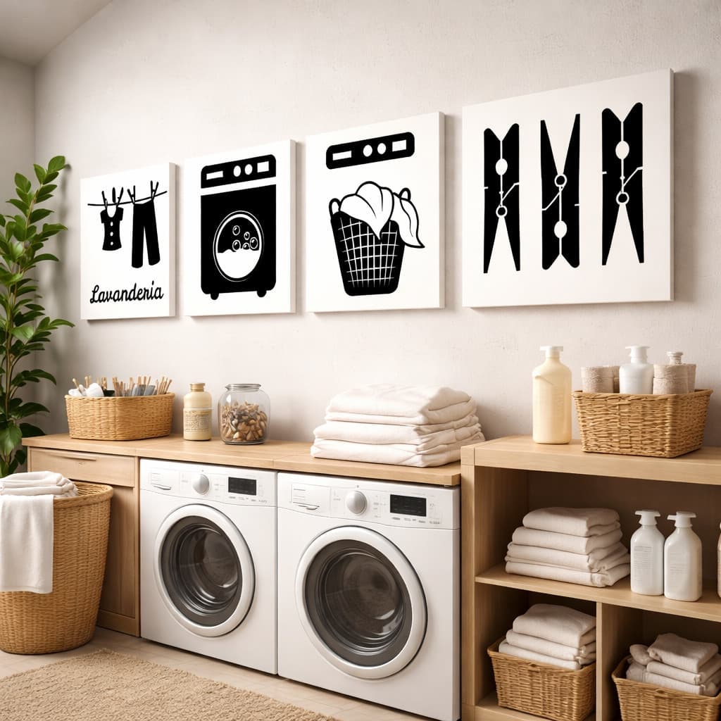 Kit 4 Quadros Decorativos Lavanderia Área de Serviço Casa Quarto Sala Placas Plaquinhas
