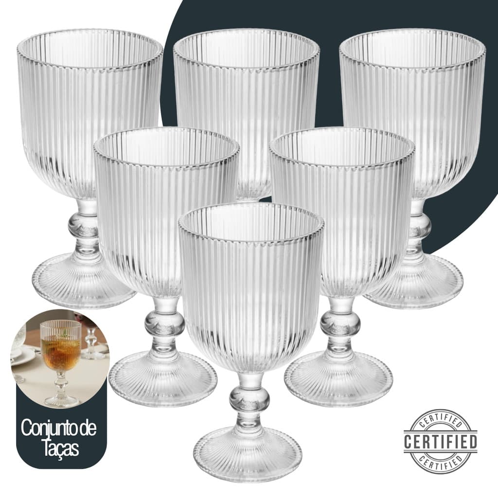 Jogo de 6 Taça Canelada Grafiato Sofia 370ml Copo Vidro Transparente Canelado Premium