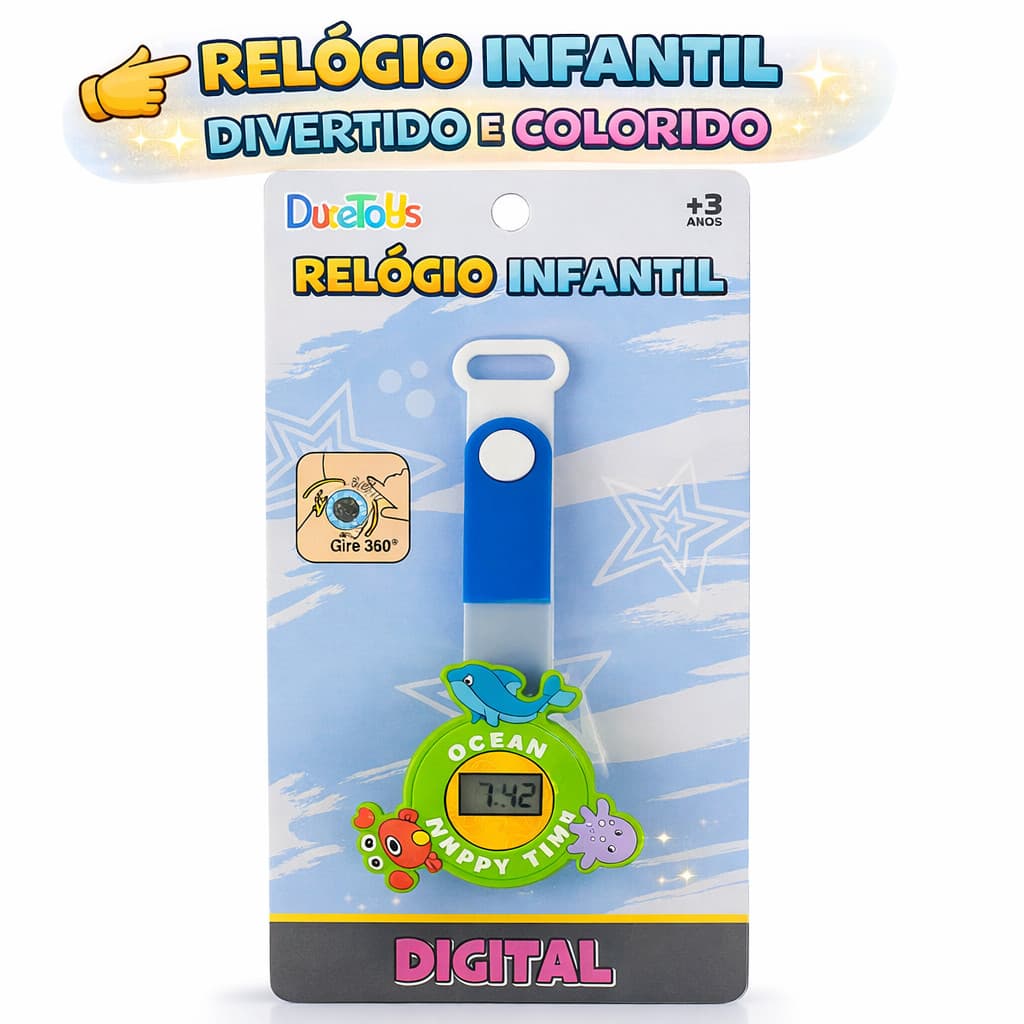 Relógio Infantil Digital Giratório 360º - Temas: Fundo do Mar, Astronauta e Criança - DuteToys