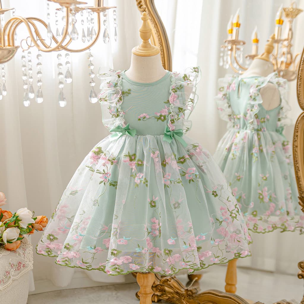 Menina 3-8 Anos De Idade Flor Bordado Tule Vestido De Festa De Aniversário Babados Bordas Sem Mangas Saia Evasê Doce Ver