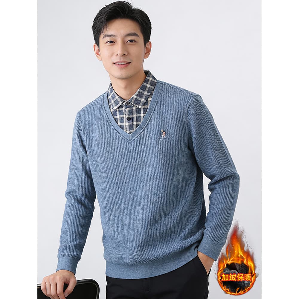 Retirada gabinete velo falso malhas de duas peças masculino inverno engrossado quente camisa Casual gola camisa de fundo