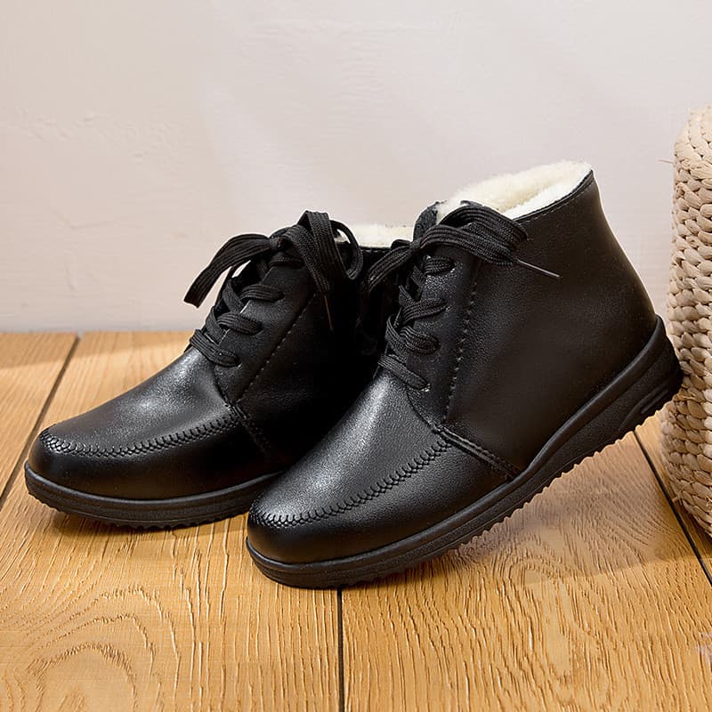 W inverno mãe sapatos de algodão preto trabalho botas curtas velo plana antiderrapante botas femininas sapatos de couro