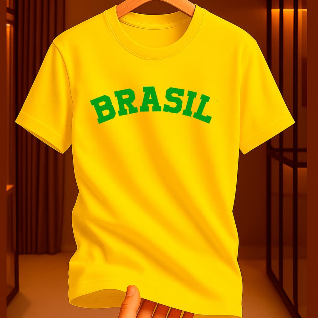 Camiseta 100% Algodão Infantil Estampa Brasil Copa Futebol Gola Redonda Unissex Premium Alta qualidade Amarela