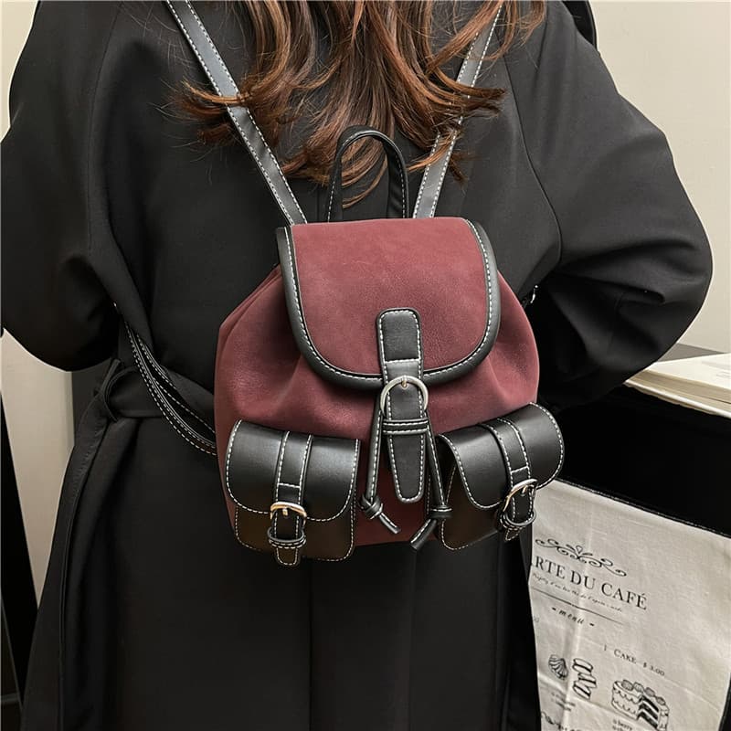 Francês contraste cor Retro mochila feminina Melade Multi-bolso Mini mochila requintado cordão balde pequeno saco de esc