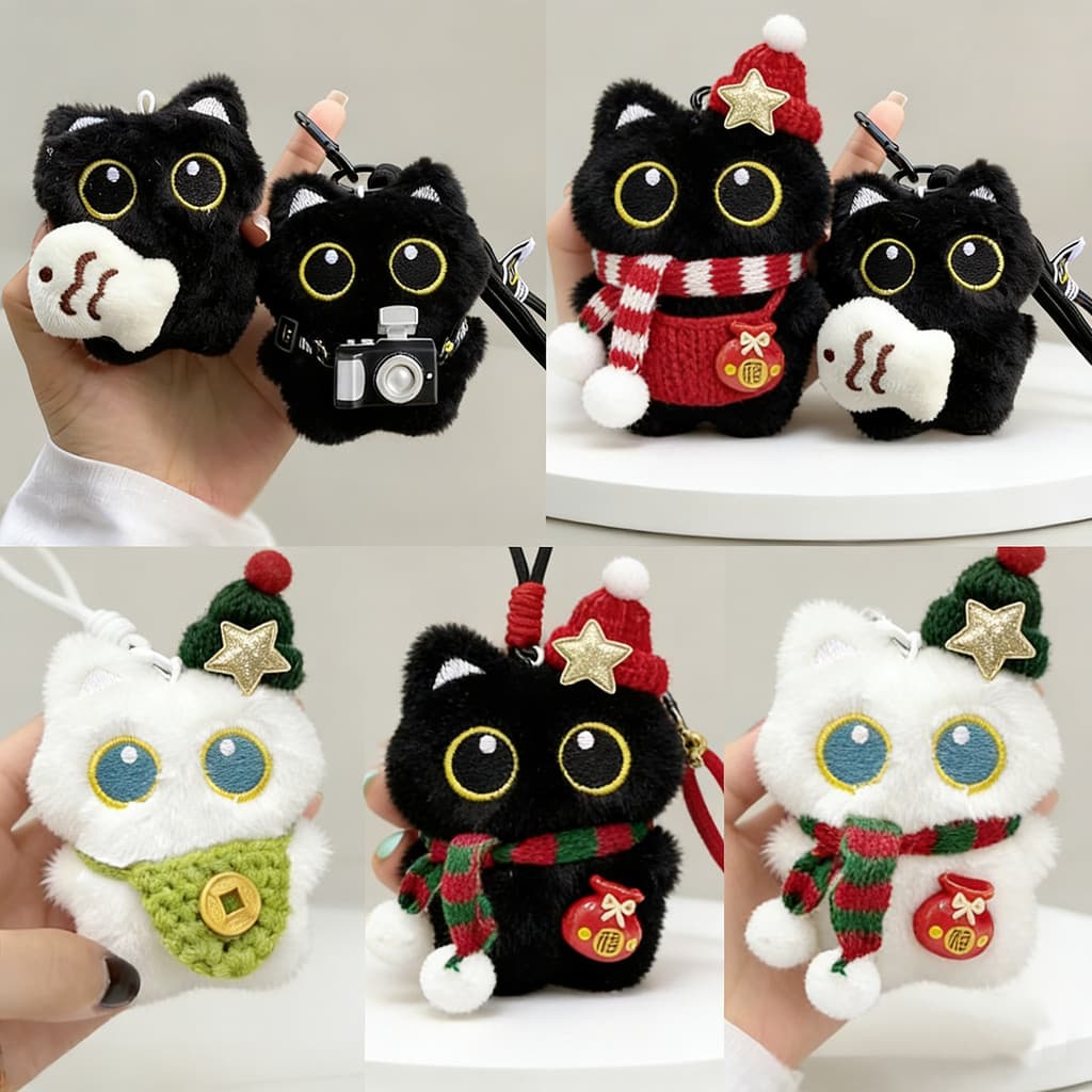 Além de pelúcia gatinho pingente natal grande olho gato preto bonito boneca de pelúcia chaveiro boneca casal pingente pe