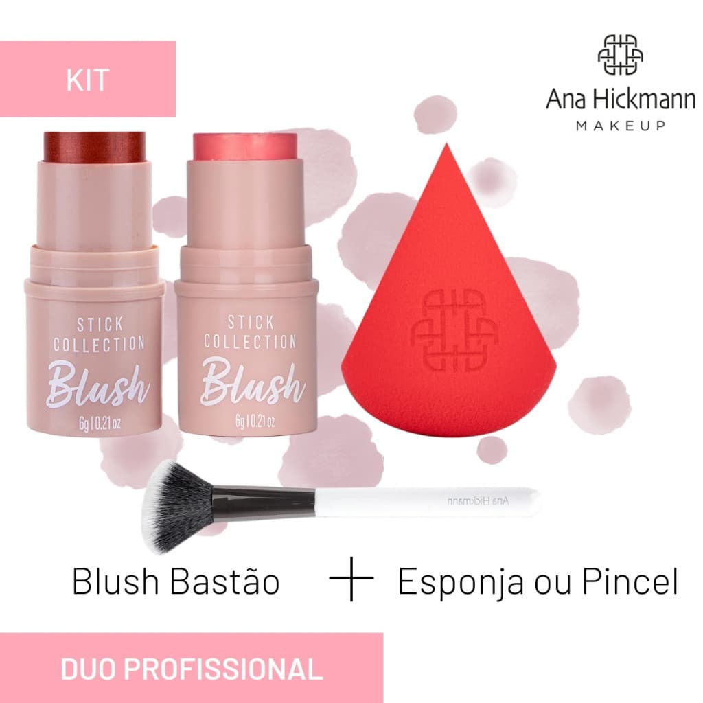 Kit Blush em Bastão + Pincel ou Esponja Vegano Ana Hickmann