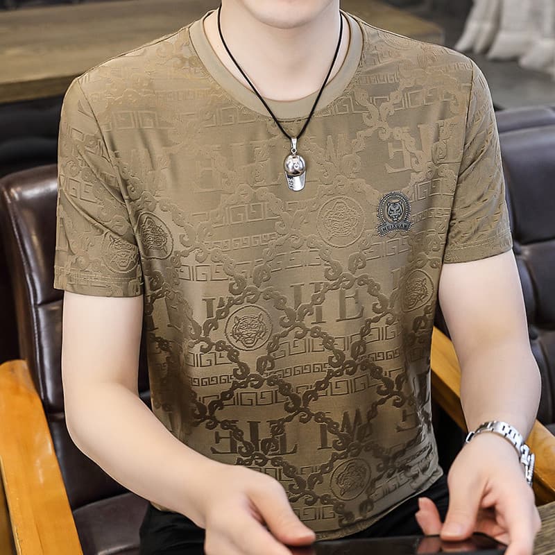 Flor escura camiseta masculina de manga curta verão cabeça de tigre perfuração quente High-End em torno do pescoço camis