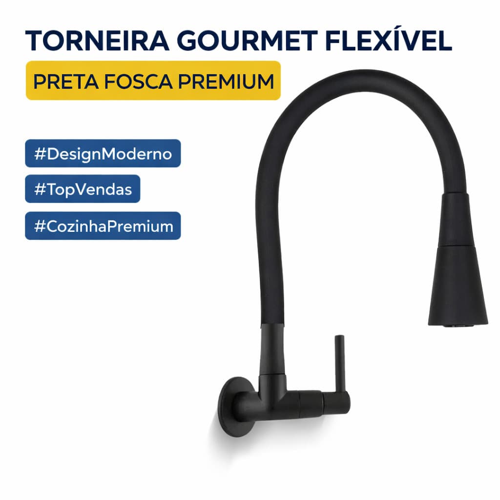 Torneira de Cozinha Gourmet de Parede Flexível Preta Bica Alta Giratória Design Moderno 1/4 de Volta