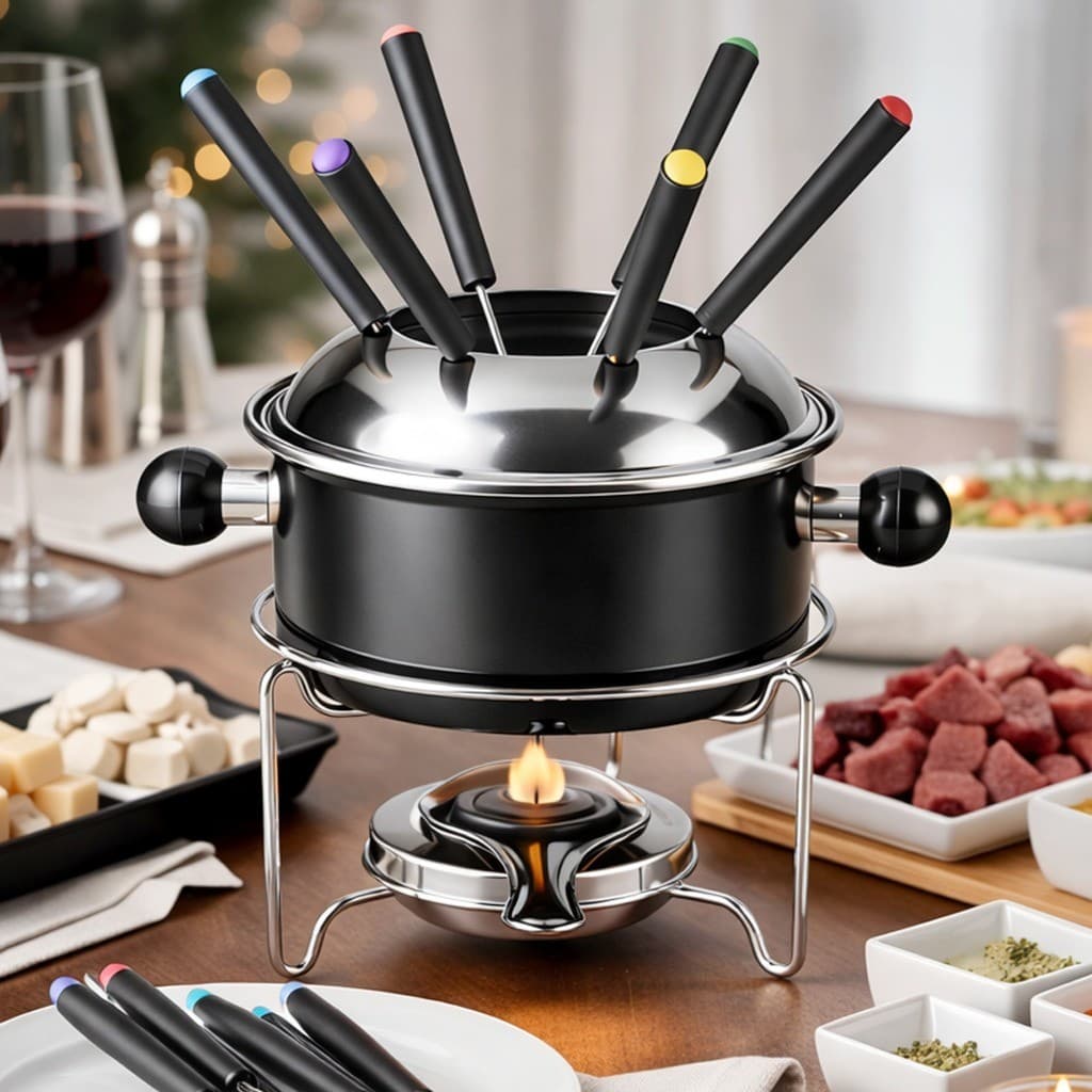 Kit Fondue Completo Conjunto Até 6 Pessoas Chocolate Queijo Carne Caldos Luxo Garfos Longos 10 Peças