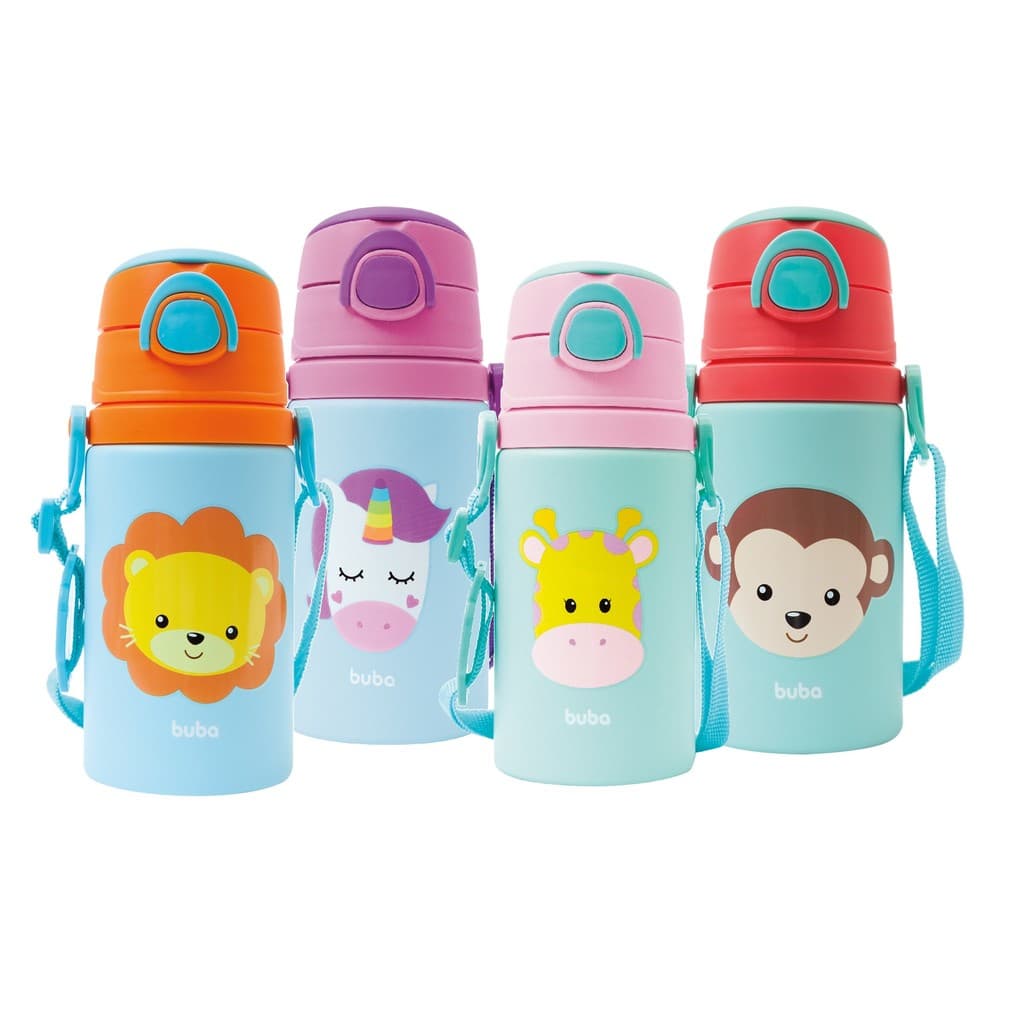Garrafinha De Alumínio Com Canudo Buba 450mL Animal Fun
