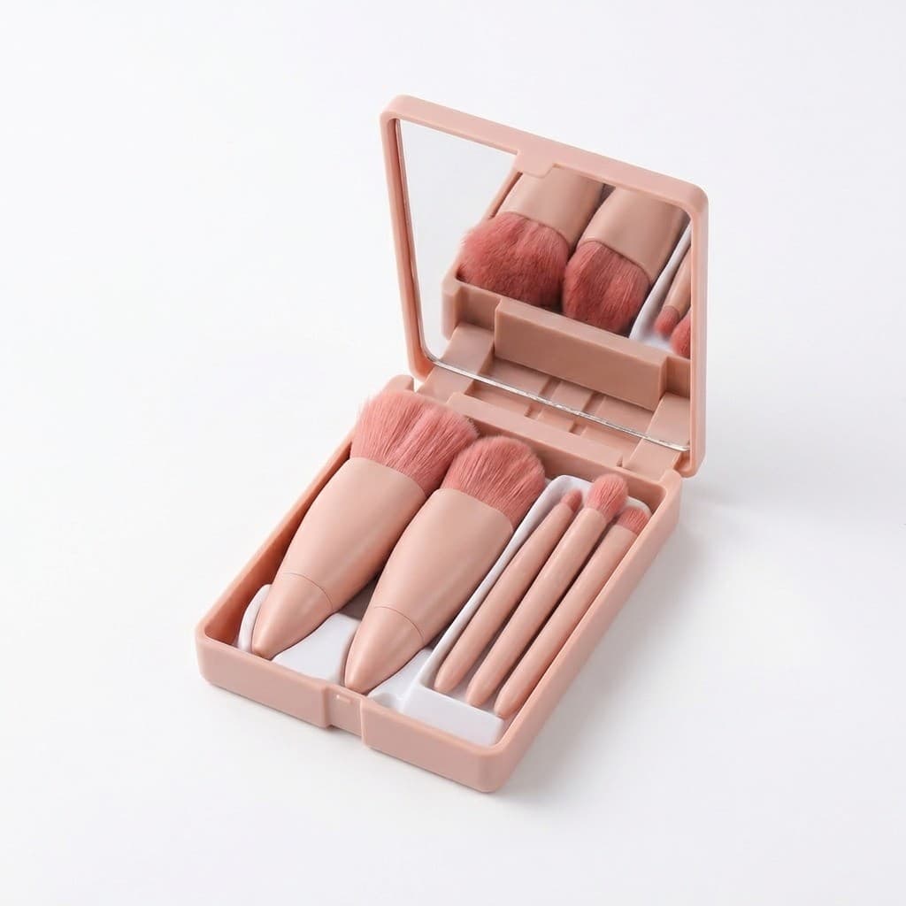 Kit de pincéis de maquiagem 5 peças com estojo espelho integrado portátil compacto