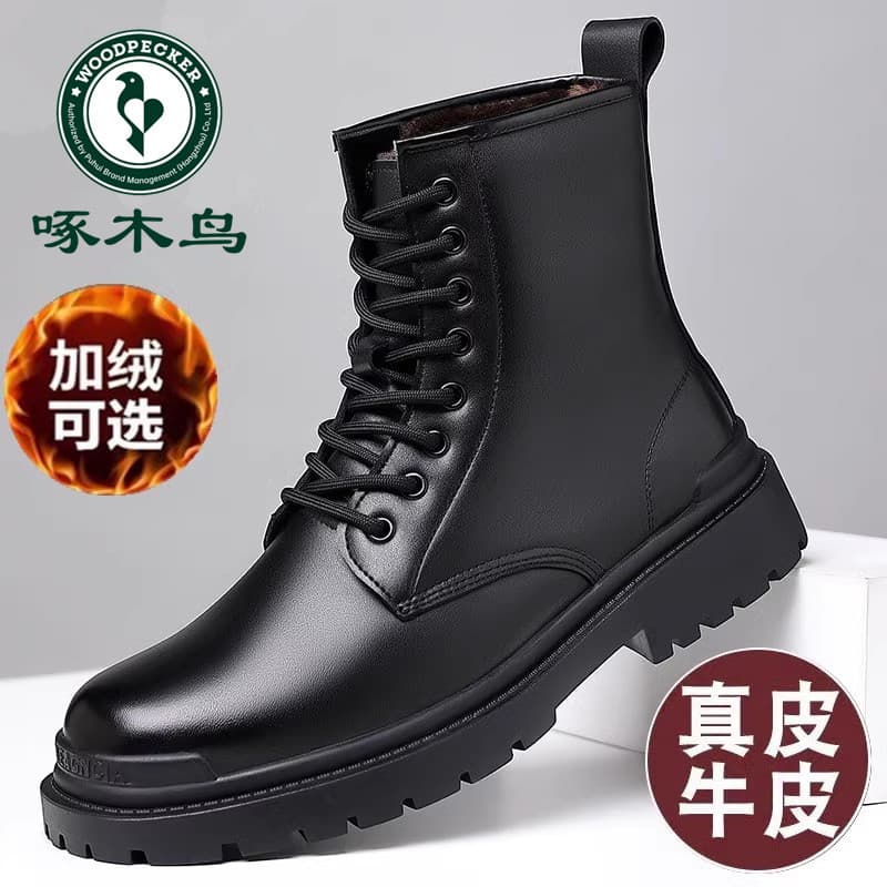 Woodpecker Martin Botas masculinas de couro genuíno de cano alto de algodão escovado Botas masculinas de couro estilo br
