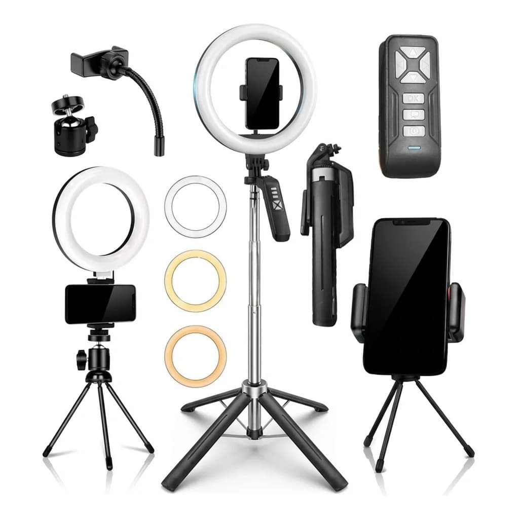 Kit Iluminação 2 Ring Lights Tripé 1.8m Controle Bluetooth