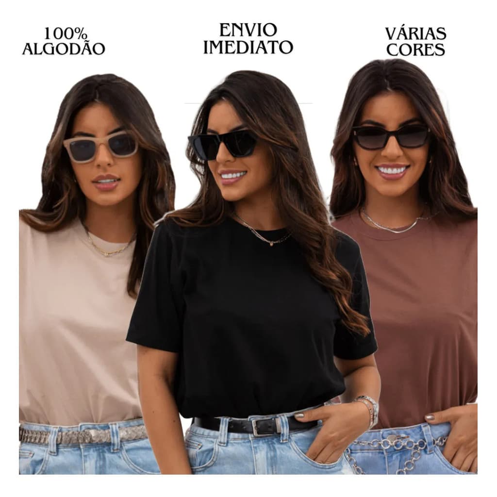 Kit 3 Camisetas Femininas Básicas Lisa Em Algodão