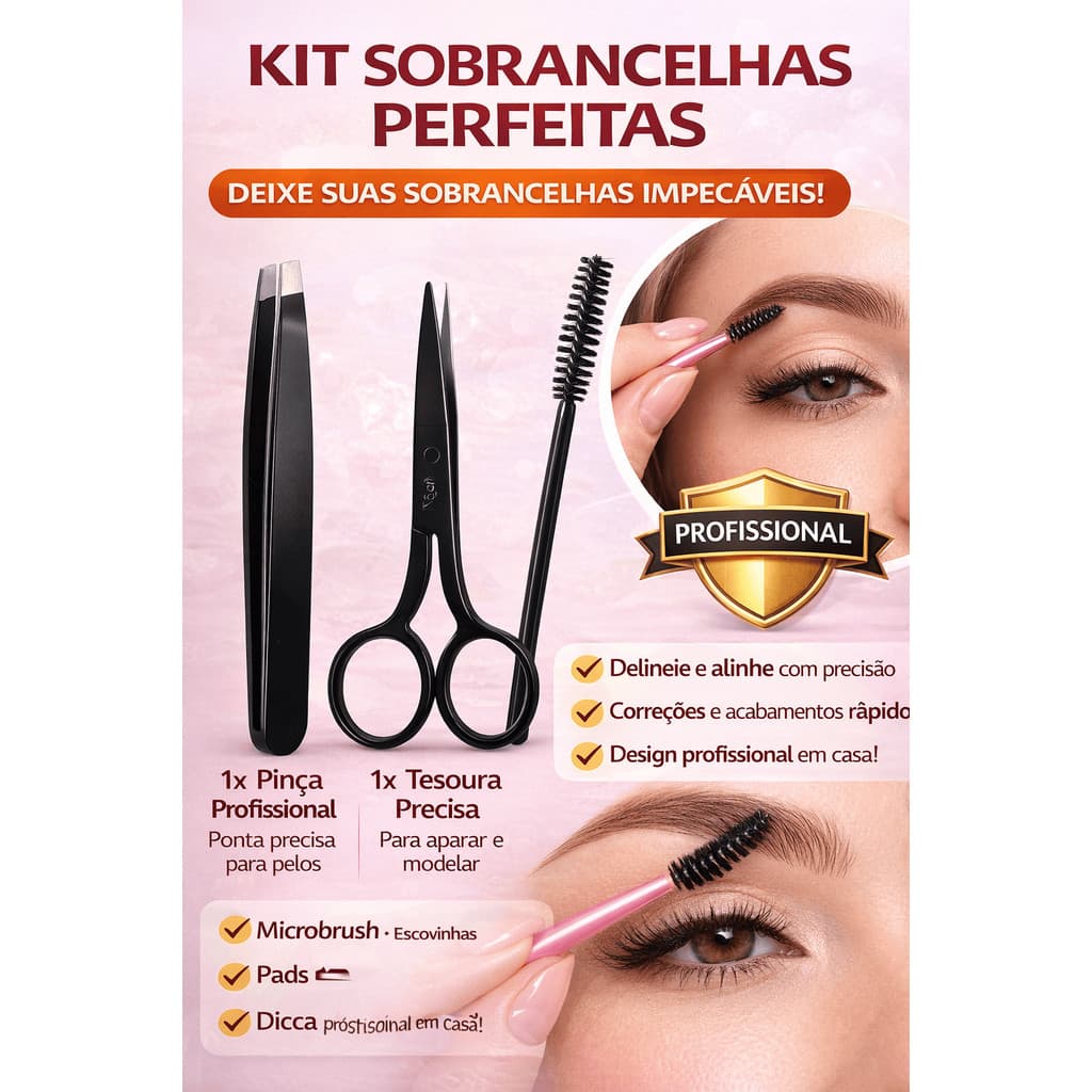 Kit Sobrancelha Profissional 3 Pecas Pinca +Tesoura+ Escovinha Design Limpeza