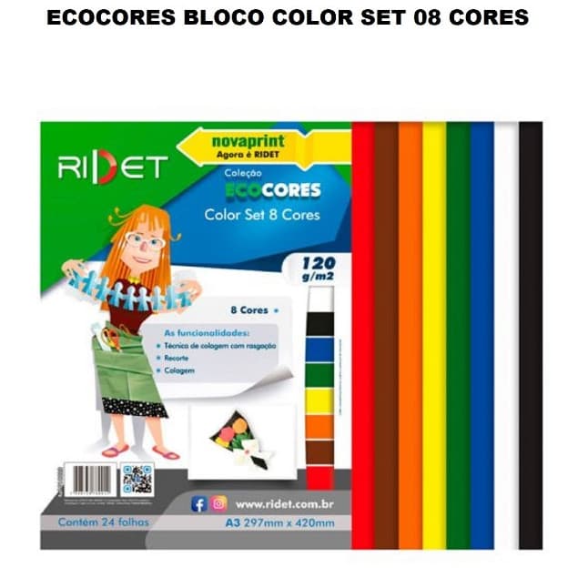 Papel Bloco Ecocores Color Set A3 08 Cores Novaprint 120g 24 Folhas